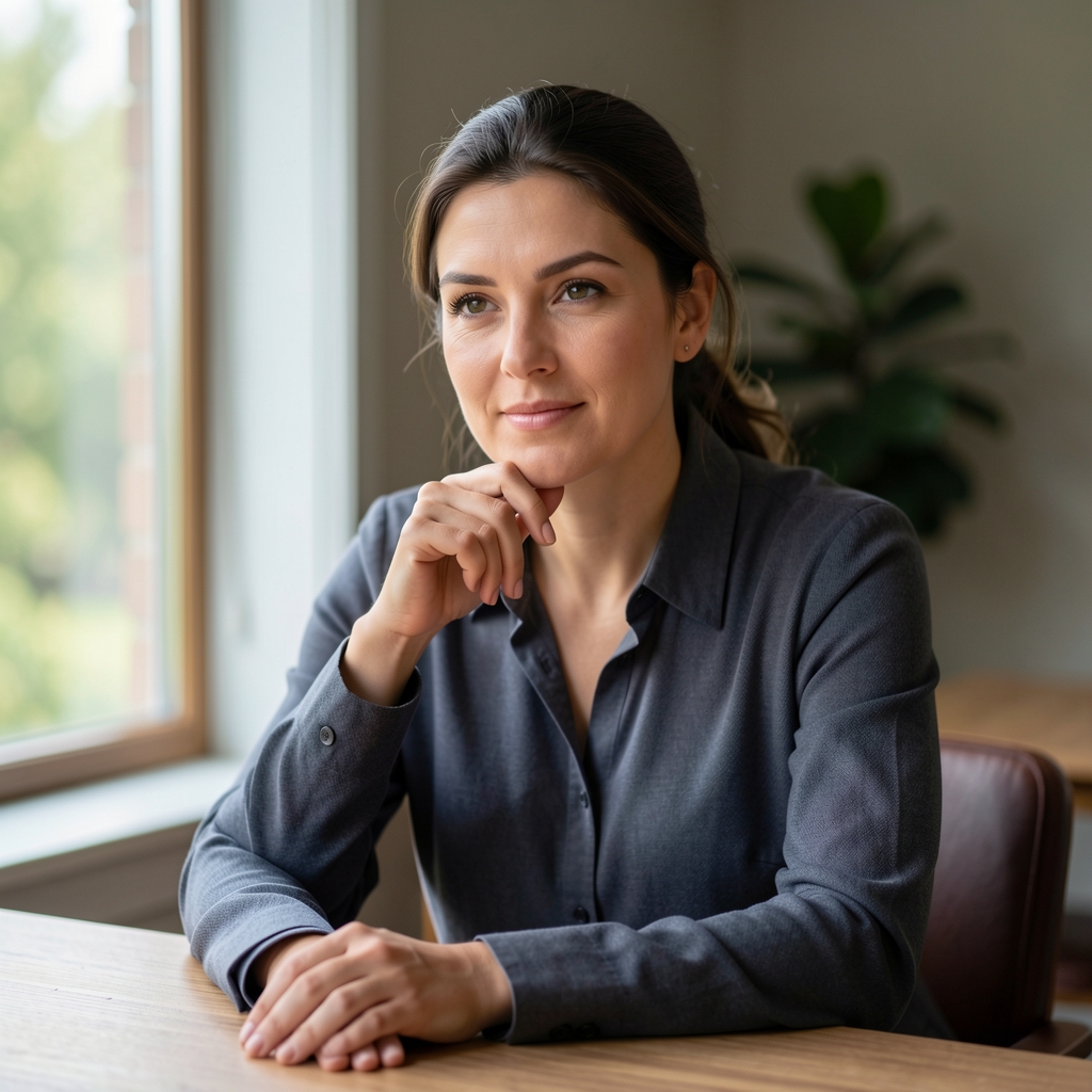 Editorial portrait of a nutrition writer at a wooden desk with natural window light behind, thoughtful and composed