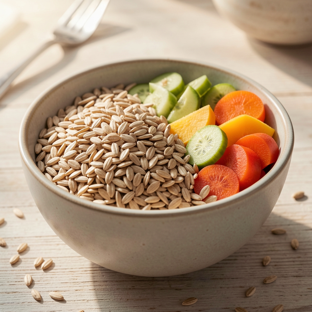 Bowl of whole grains and colourful vegetables in natural light, portion awareness, editorial food composition